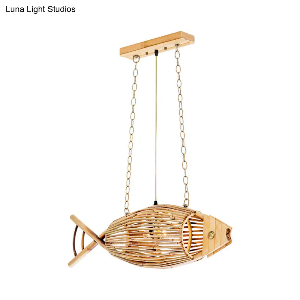 Tearoom Pendant Light Fixture - Asian Wood With Fish Bamboo Shade