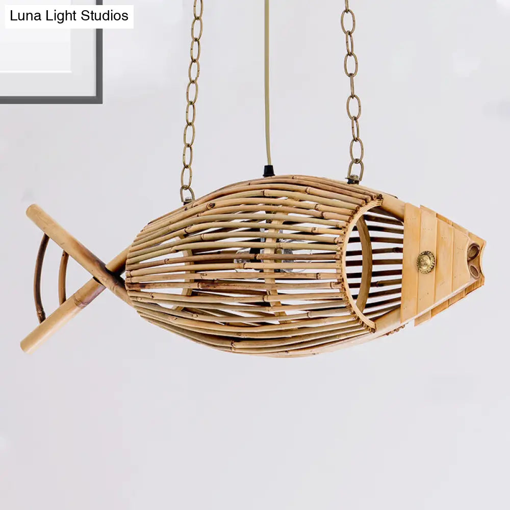 Tearoom Pendant Light Fixture - Asian Wood With Fish Bamboo Shade