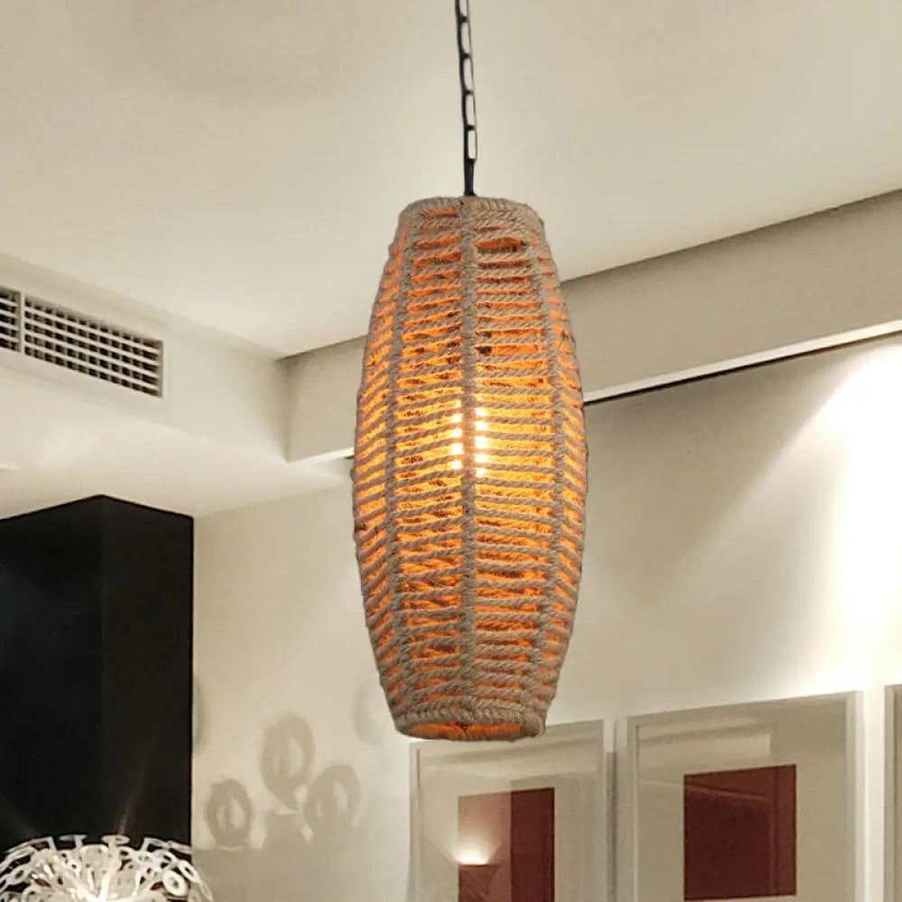 Fish-Basket Rope Pendant Lamp In Beige - Countryside 1-Light Hanging Fixture