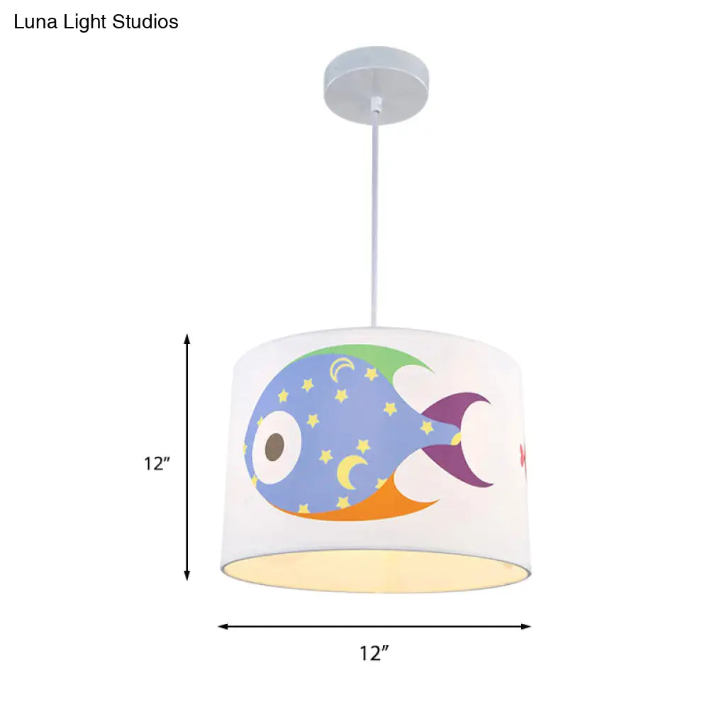 Fish Fabric Cartoon Drum Pendant Light For Kids Room