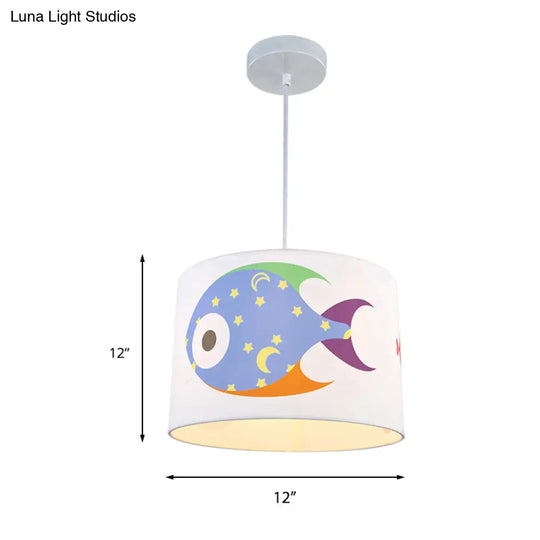 Fish Fabric Cartoon Drum Pendant Light For Kids Room