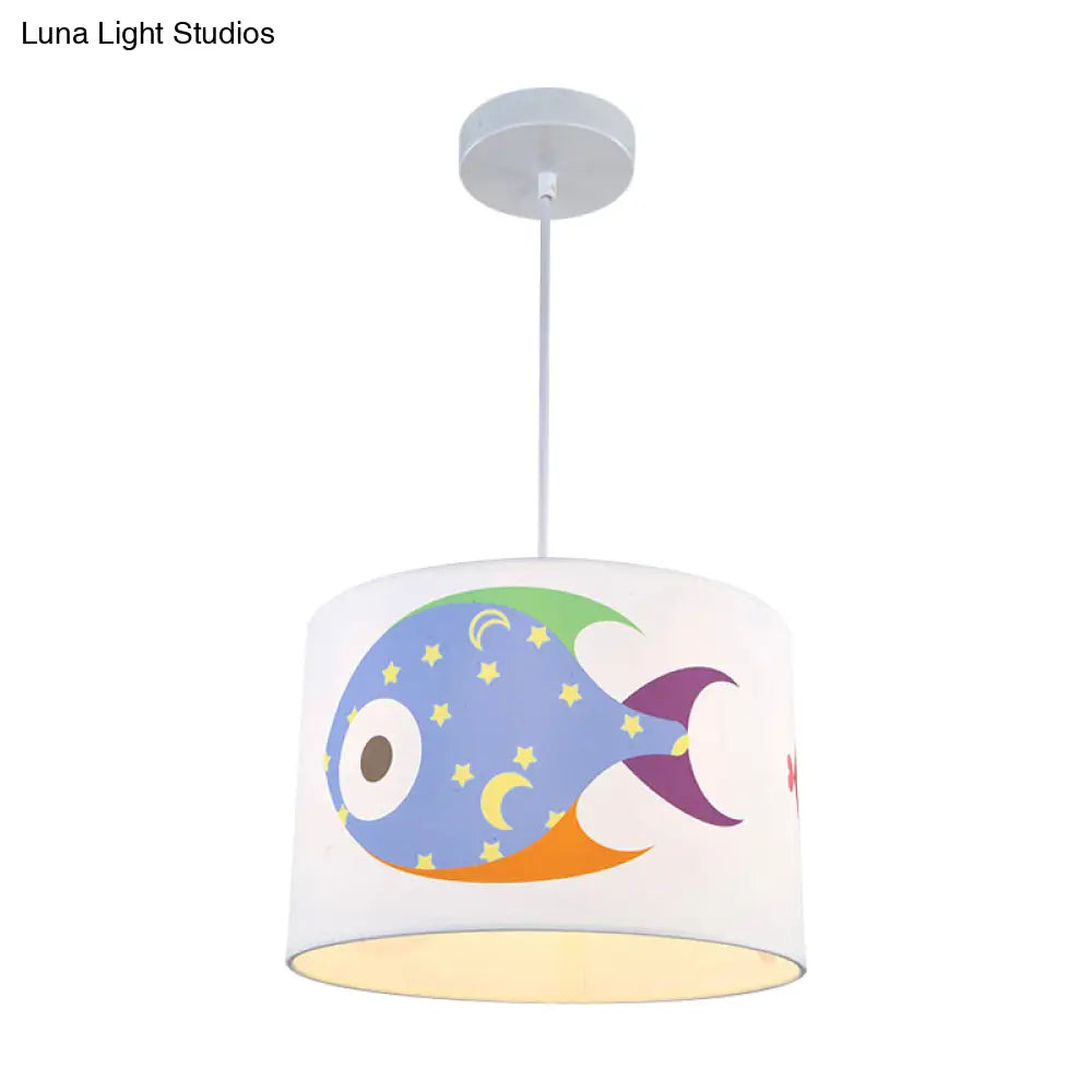 Fish Fabric Cartoon Drum Pendant Light For Kids Room