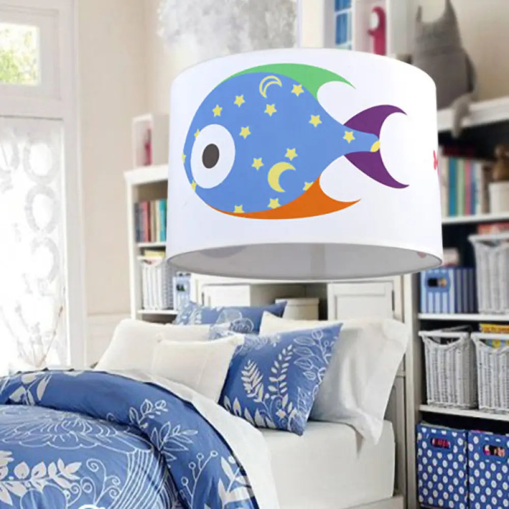 Fish Fabric Cartoon Drum Pendant Light For Kids Room White