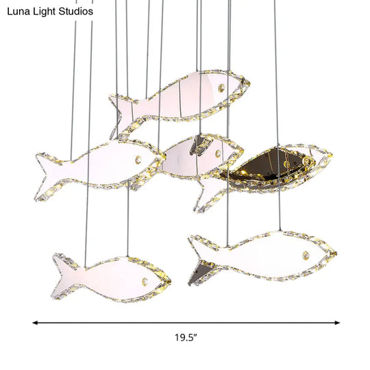 Fish Multi Pendant Crystal Hanging Lamp Kit- Stainless Steel Warm/White Light