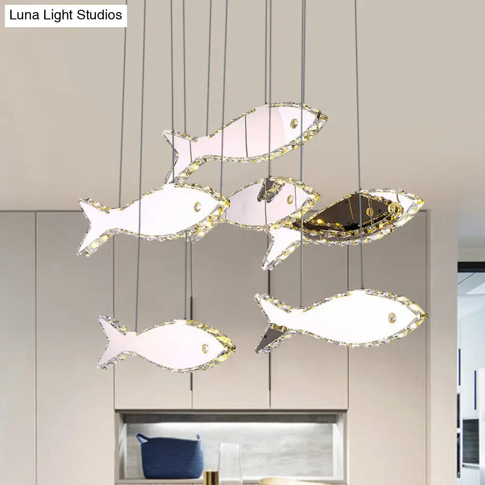 Stainless-Steel Fish Pendant Lamp With 3/6 Crystal Heads And Warm/White Light For Bedroom 6 / Warm