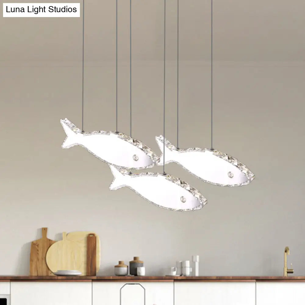 Stainless-Steel Fish Pendant Lamp With 3/6 Crystal Heads And Warm/White Light For Bedroom