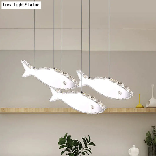 Stainless-Steel Fish Pendant Lamp With 3/6 Crystal Heads And Warm/White Light For Bedroom 3 / White
