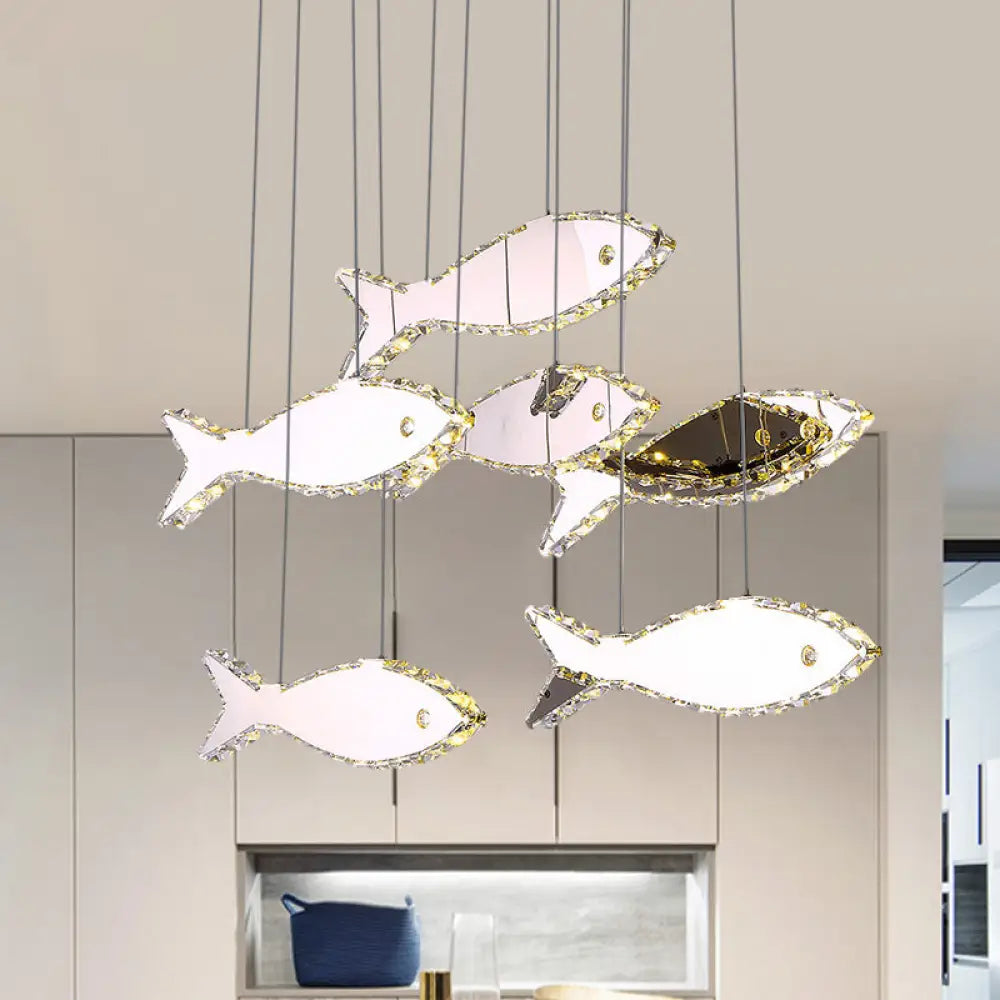 Fish Multi Pendant Crystal Hanging Lamp Kit- Stainless Steel Warm/White Light 6 / Stainless-Steel