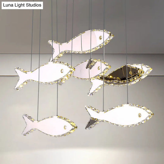 Stainless-Steel Fish Pendant Lamp With 3/6 Crystal Heads And Warm/White Light For Bedroom