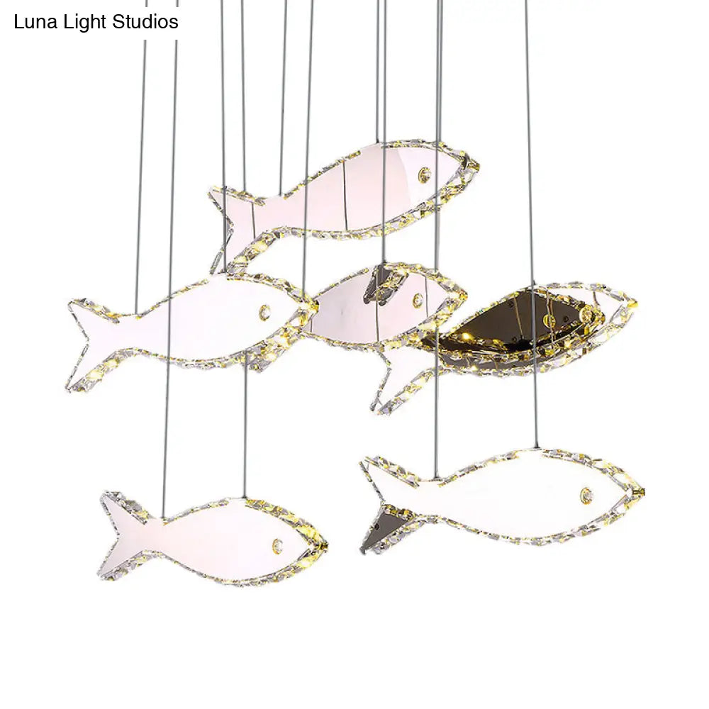 Stainless-Steel Fish Pendant Lamp With 3/6 Crystal Heads And Warm/White Light For Bedroom