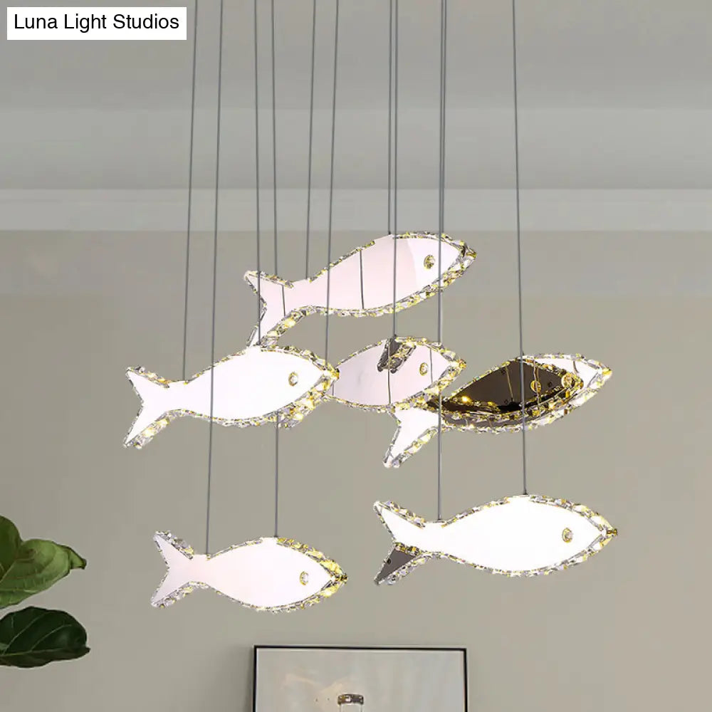 Fish Multi Pendant Crystal Hanging Lamp Kit- Stainless Steel Warm/White Light