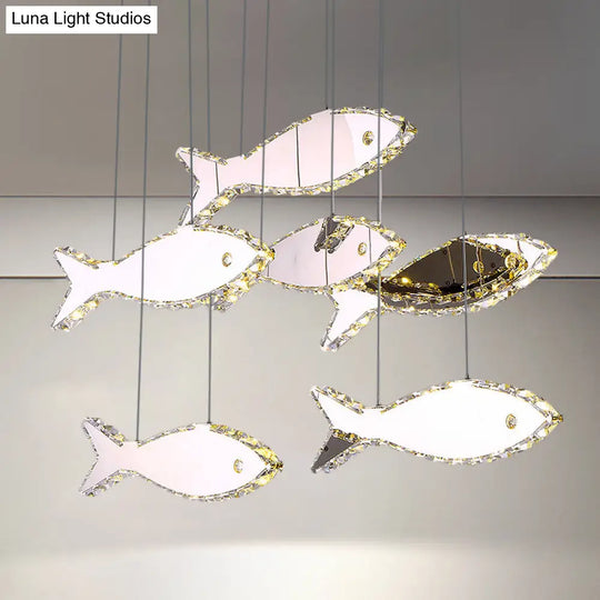 Fish Multi Pendant Crystal Hanging Lamp Kit- Stainless Steel Warm/White Light