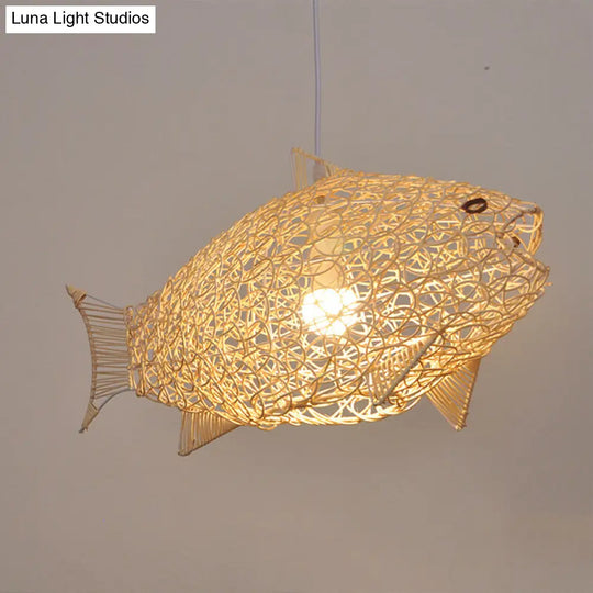 Traditional Bamboo Pendant Lamp - Wood Fish Design With 1 Bulb Hanging Kit For Restaurants