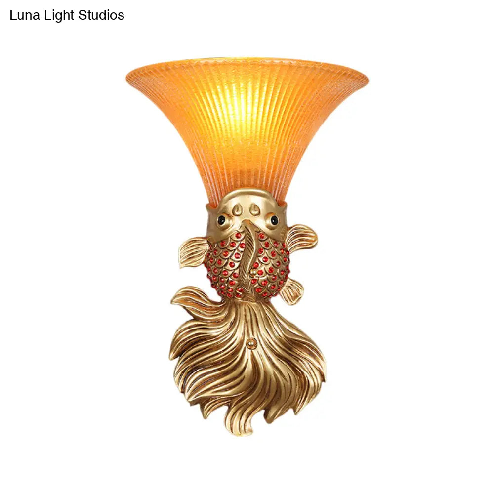 Fish Resin Wall Sconce - Red/Gold Finish With Amber Glass Bell Shade For Country Restaurants