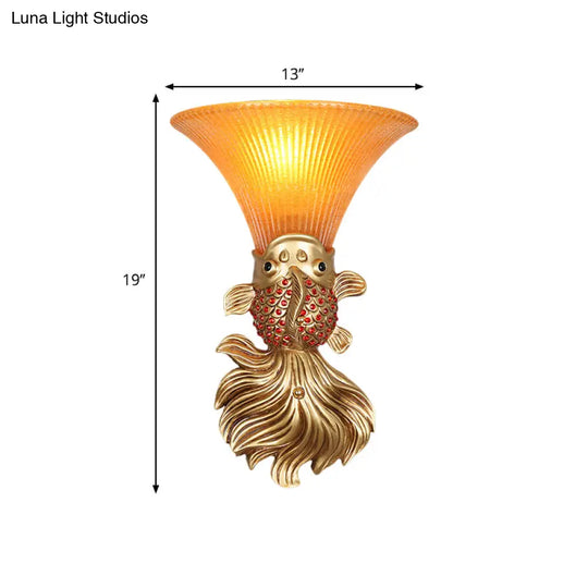 Fish Resin Wall Sconce - Red/Gold Finish With Amber Glass Bell Shade For Country Restaurants