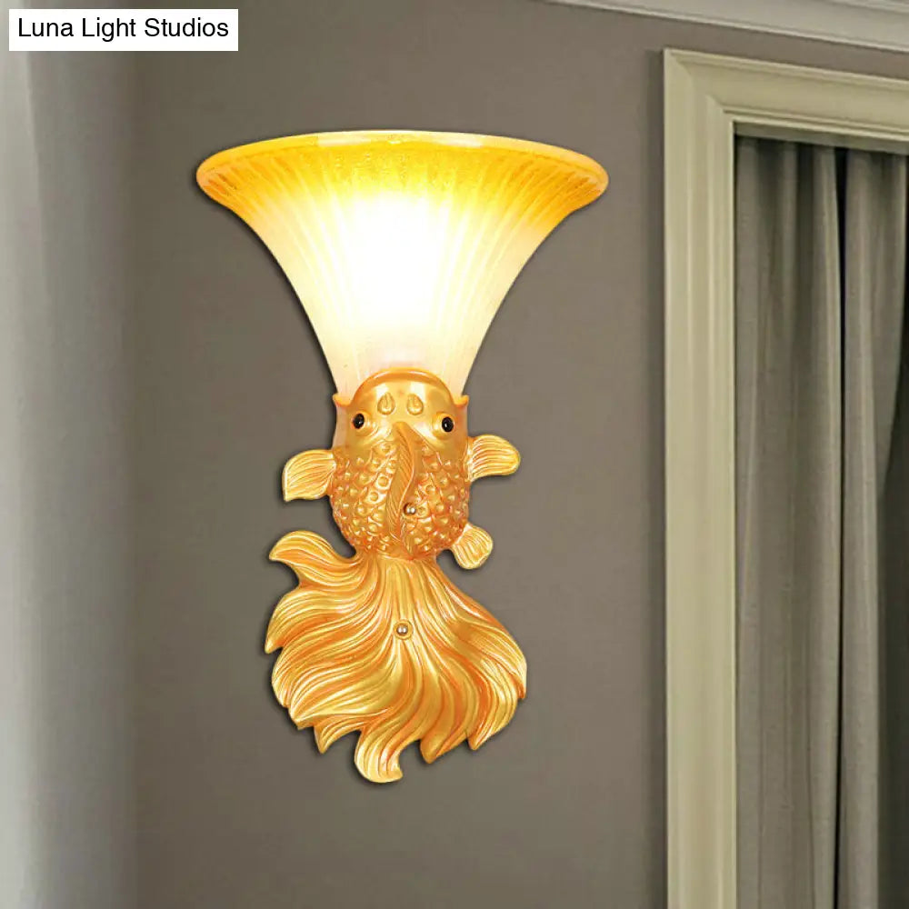 Fish Resin Wall Sconce - Red/Gold Finish With Amber Glass Bell Shade For Country Restaurants