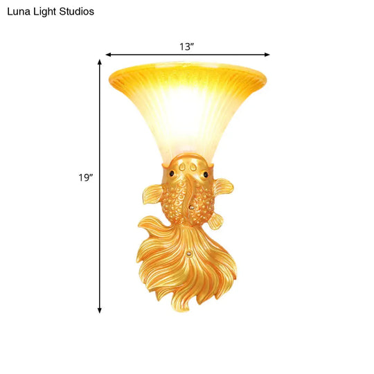 Fish Resin Wall Sconce - Red/Gold Finish With Amber Glass Bell Shade For Country Restaurants