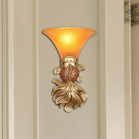 Fish Resin Wall Sconce - Red/Gold Finish With Amber Glass Bell Shade For Country Restaurants Red