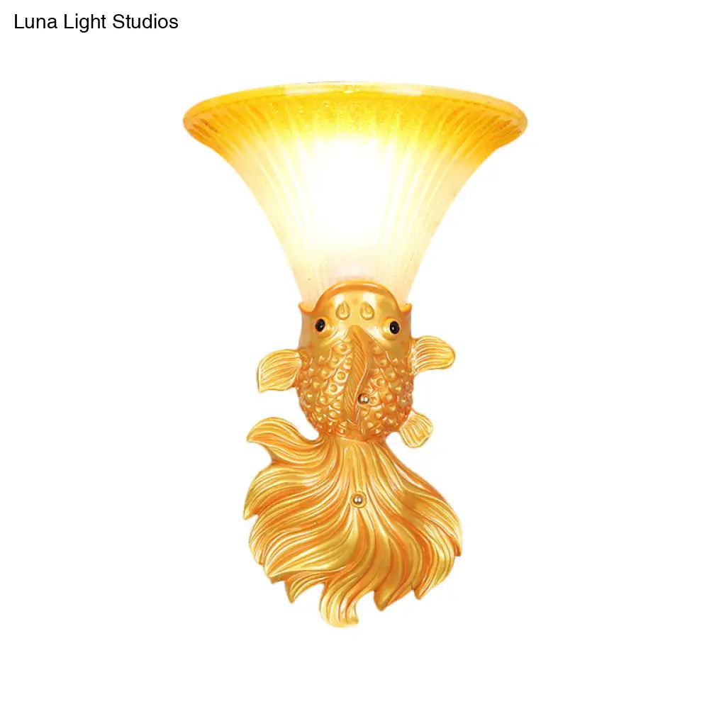 Fish Resin Wall Sconce - Red/Gold Finish With Amber Glass Bell Shade For Country Restaurants