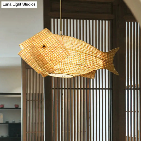 Fish-Shaped Bamboo Pendant Light: Single-Bulb Asian Hanging Light In Wood