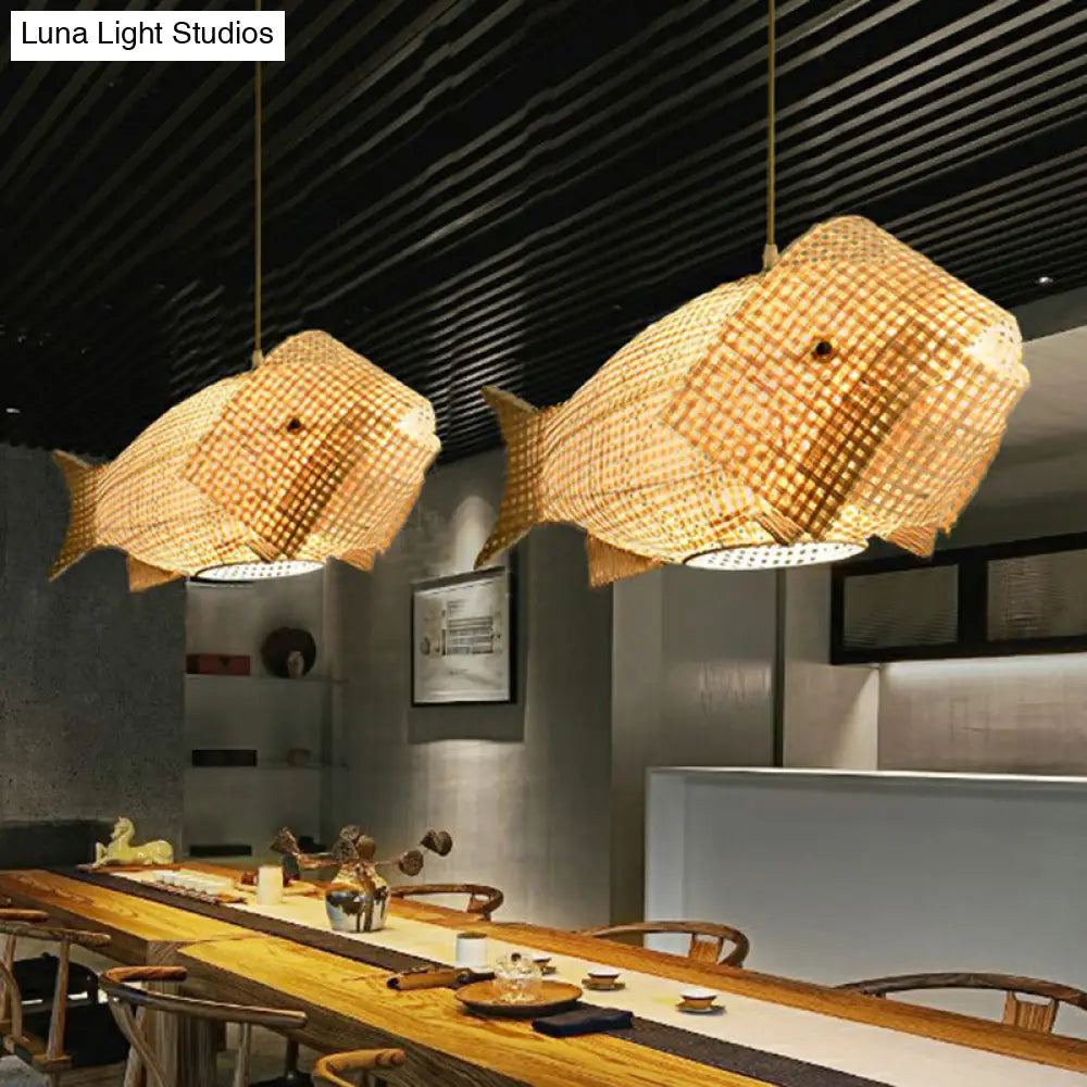 Fish-Shaped Bamboo Pendant Light: Single-Bulb Asian Hanging Light In Wood