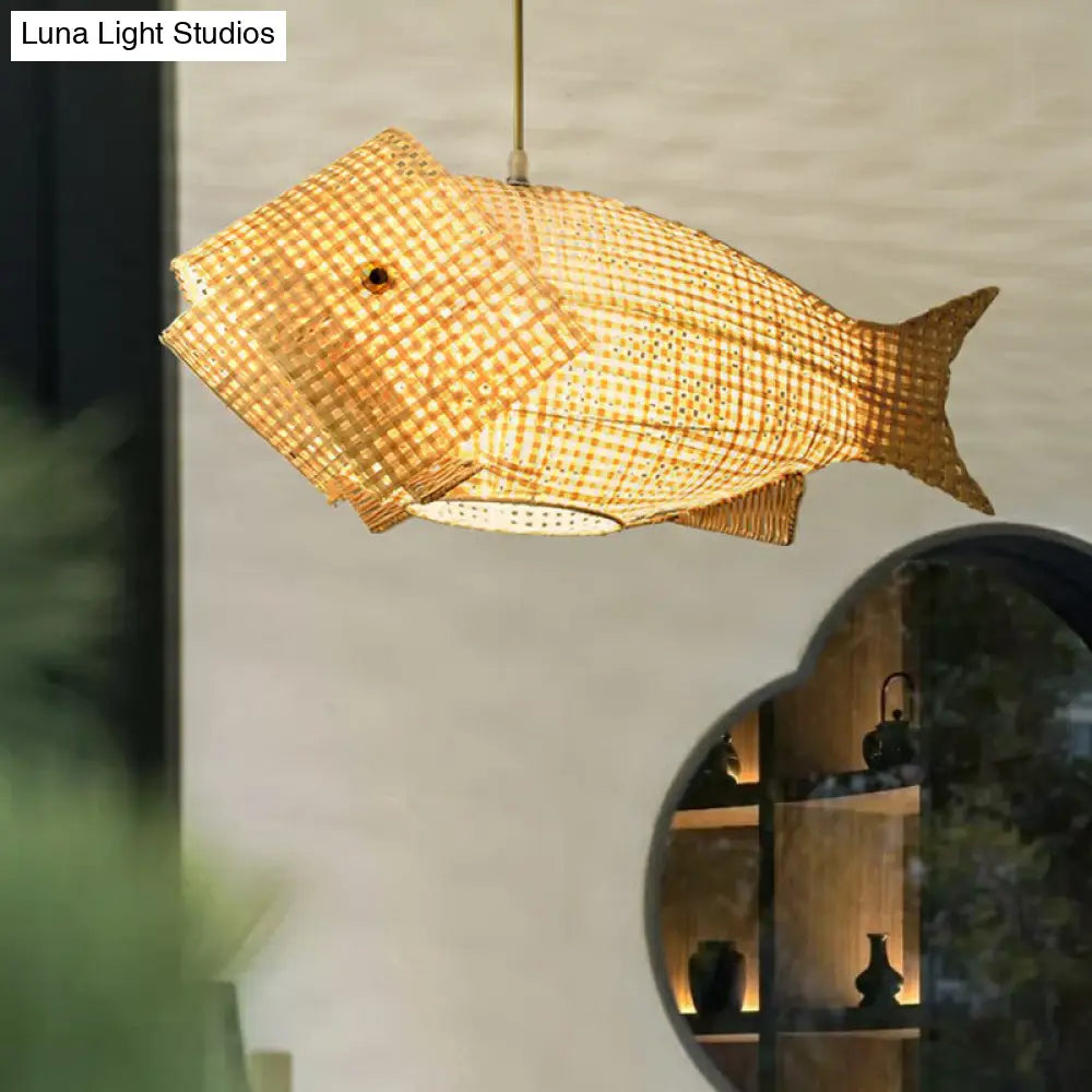 Fish-Shaped Bamboo Pendant Light: Single-Bulb Asian Hanging Light In Wood