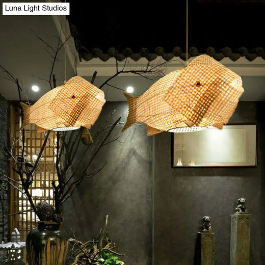 Fish-Shaped Bamboo Pendant Light: Single-Bulb Asian Hanging Light In Wood