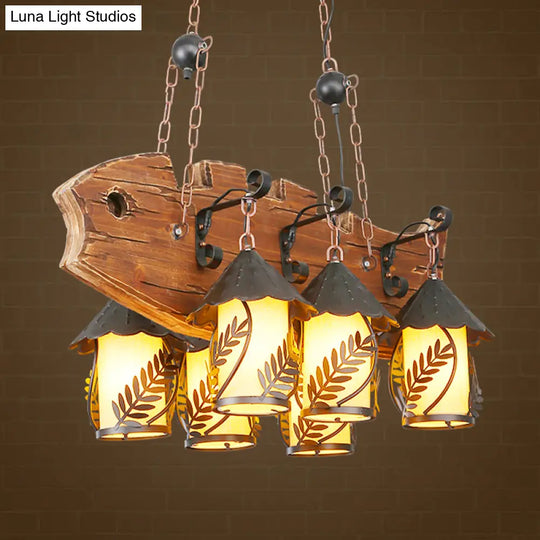 Fish-Shaped Island Lamp: 6-Light Fabric And Glass Hanging Kit In Black For Dining Room Metal Arm