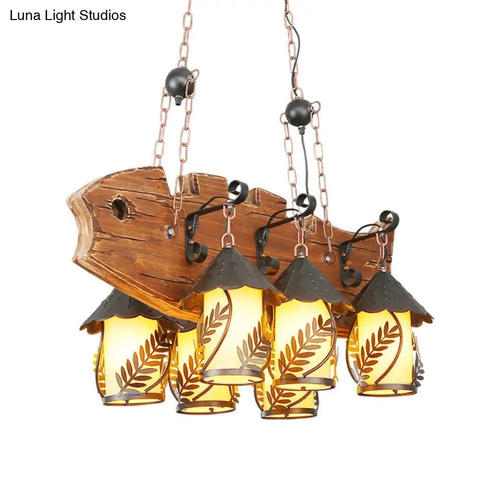 Fish-Shaped Island Lamp: 6-Light Fabric And Glass Hanging Kit In Black For Dining Room Metal Arm