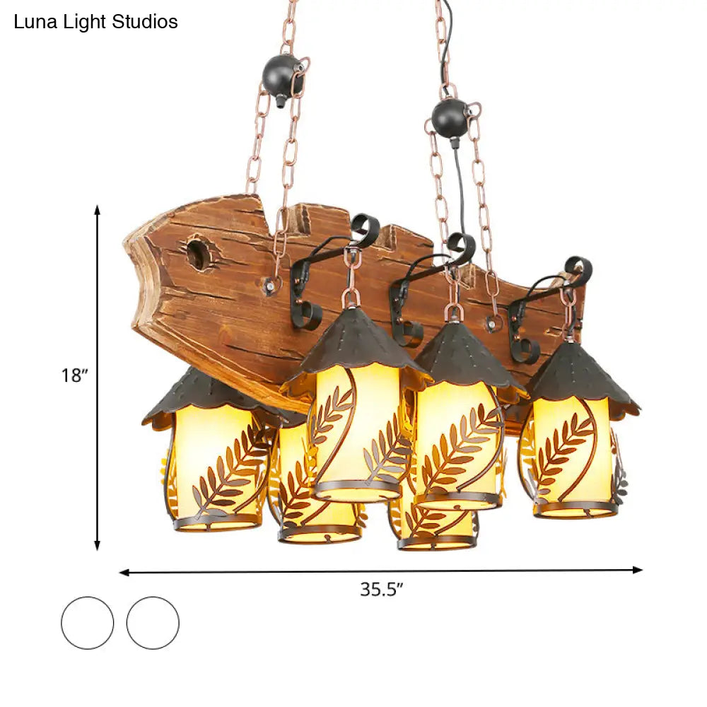 Fish-Shaped Island Lamp: 6-Light Fabric And Glass Hanging Kit In Black For Dining Room Metal Arm