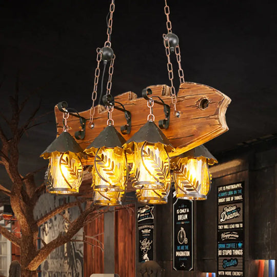 Fish-Shaped Island Lamp: 6-Light Fabric And Glass Hanging Kit In Black For Dining Room Metal Arm