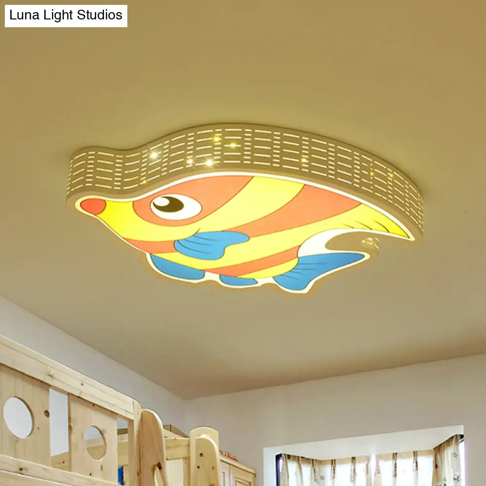 Fishy Fun: Led Kids Bedroom Flush Mount Lamp With Cartoon Yellow Acrylic Shade