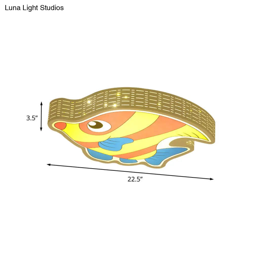 Fishy Fun: Led Kids Bedroom Flush Mount Lamp With Cartoon Yellow Acrylic Shade