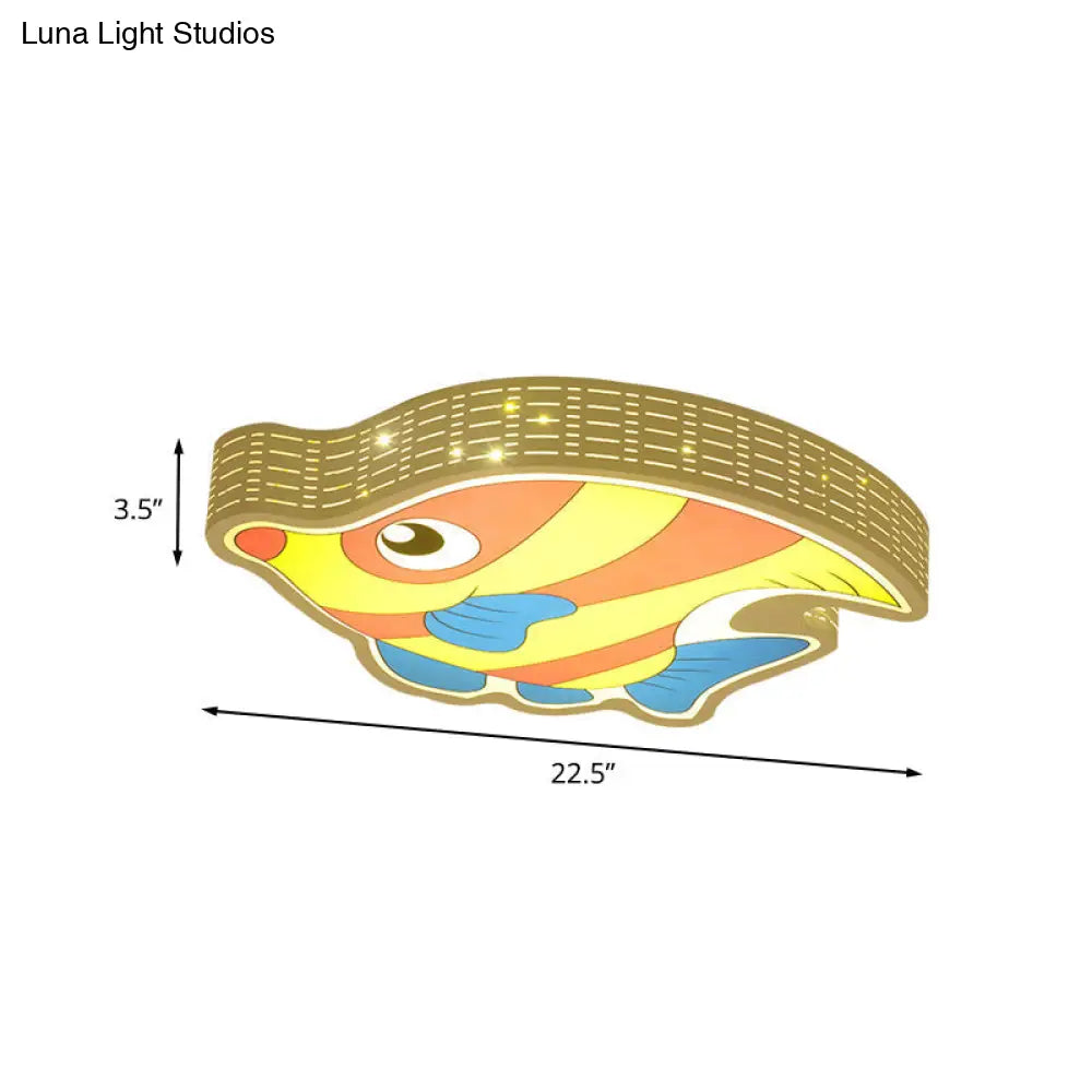 Fishy Fun: Led Kids Bedroom Flush Mount Lamp With Cartoon Yellow Acrylic Shade