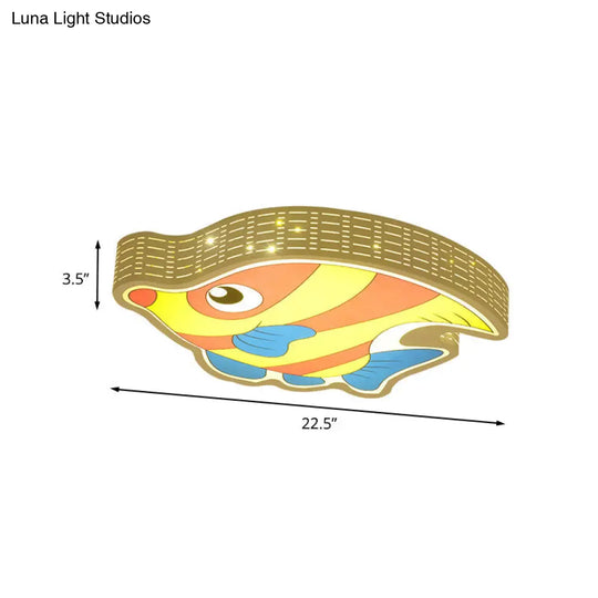 Fishy Fun: Led Kids Bedroom Flush Mount Lamp With Cartoon Yellow Acrylic Shade