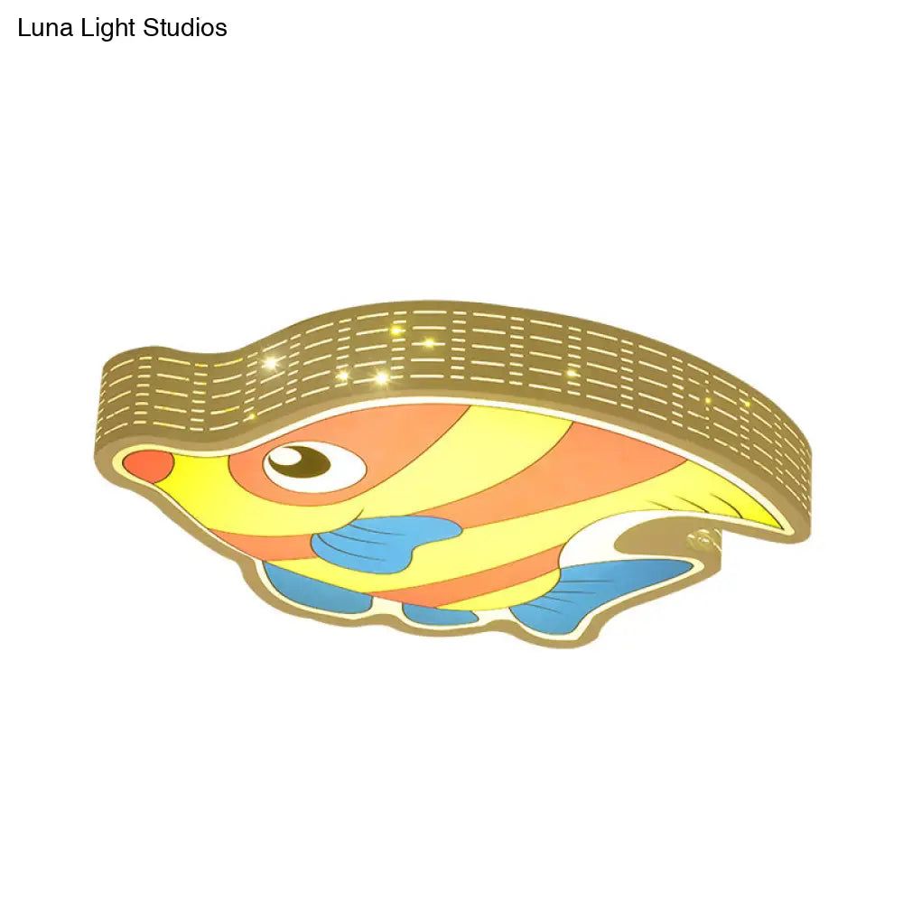 Fishy Fun: Led Kids Bedroom Flush Mount Lamp With Cartoon Yellow Acrylic Shade