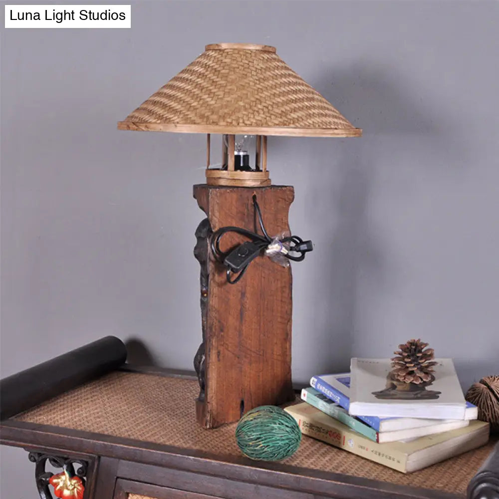 Flare Task Light: Bamboo Wide Asia 1-Head Beige Small Desk Lamp With Wood Elephant Accent