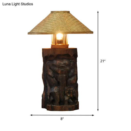 Flare Task Light: Bamboo Wide Asia 1-Head Beige Small Desk Lamp With Wood Elephant Accent