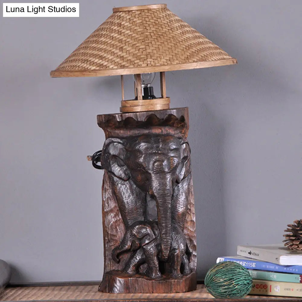 Flare Task Light: Bamboo Wide Asia 1-Head Beige Small Desk Lamp With Wood Elephant Accent