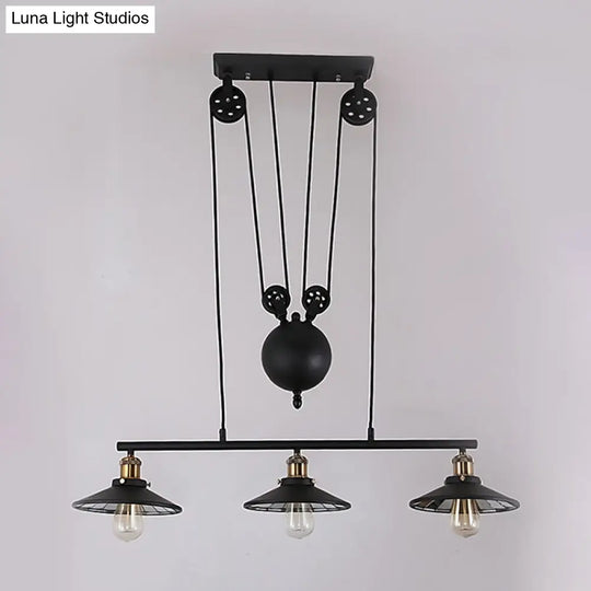 Flared Black Farmhouse Pendant Light With Pulley Design And 3 Bulbs - Perfect For Restaurants