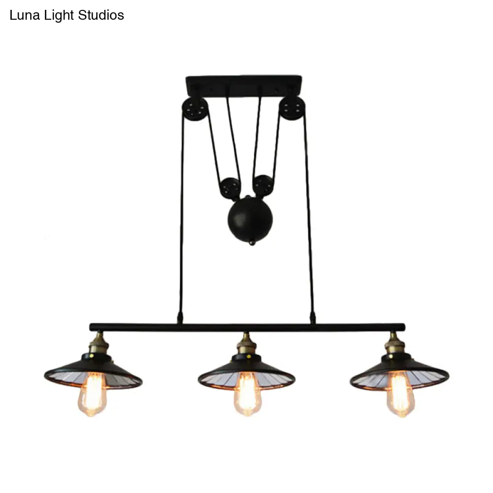 Flared Black Farmhouse Pendant Light With Pulley Design And 3 Bulbs - Perfect For Restaurants