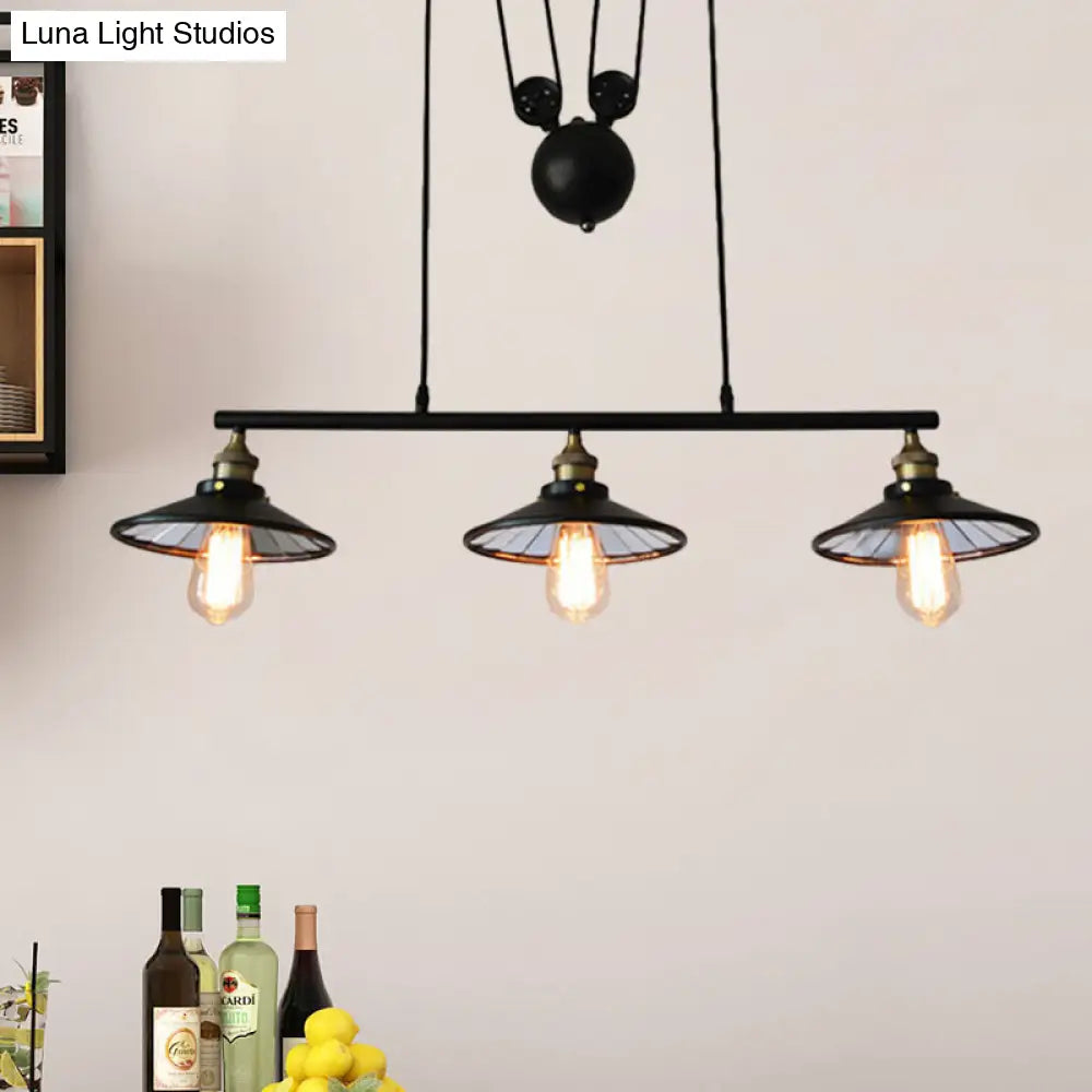 Flared Black Farmhouse Pendant Light With Pulley Design And 3 Bulbs - Perfect For Restaurants