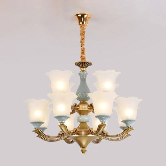 Flared Blue Frosted Glass Chandelier Pendant Light For Living Room With Ruffled Edge 12 /