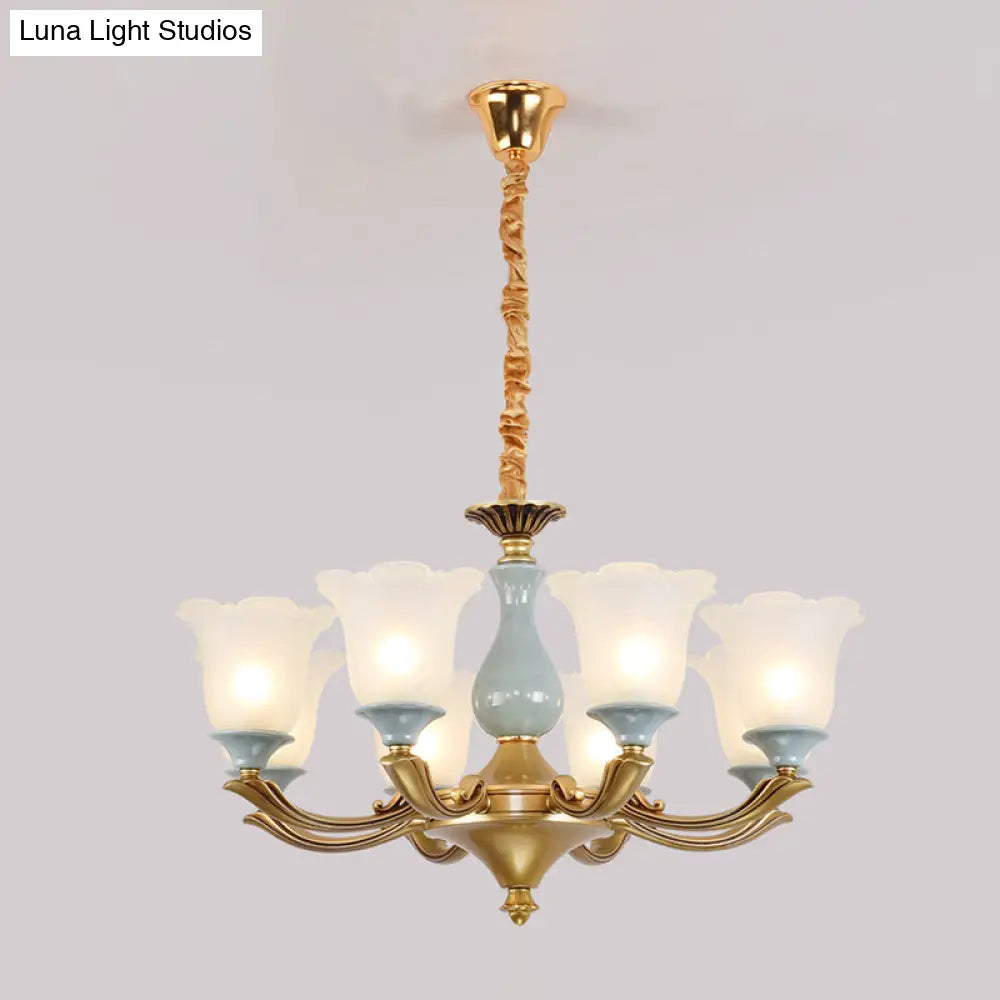 Flared Blue Frosted Glass Chandelier Pendant Light For Living Room With Ruffled Edge