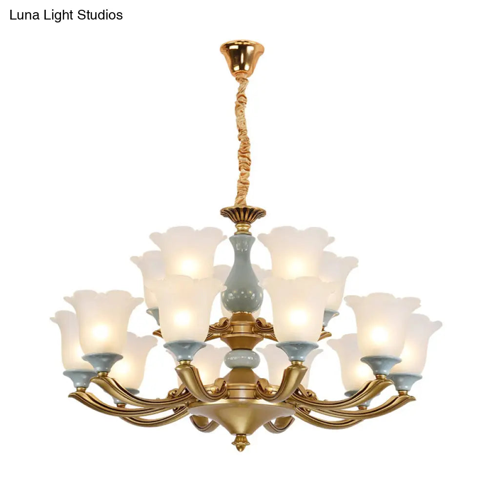 Flared Blue Frosted Glass Chandelier Pendant Light For Living Room With Ruffled Edge