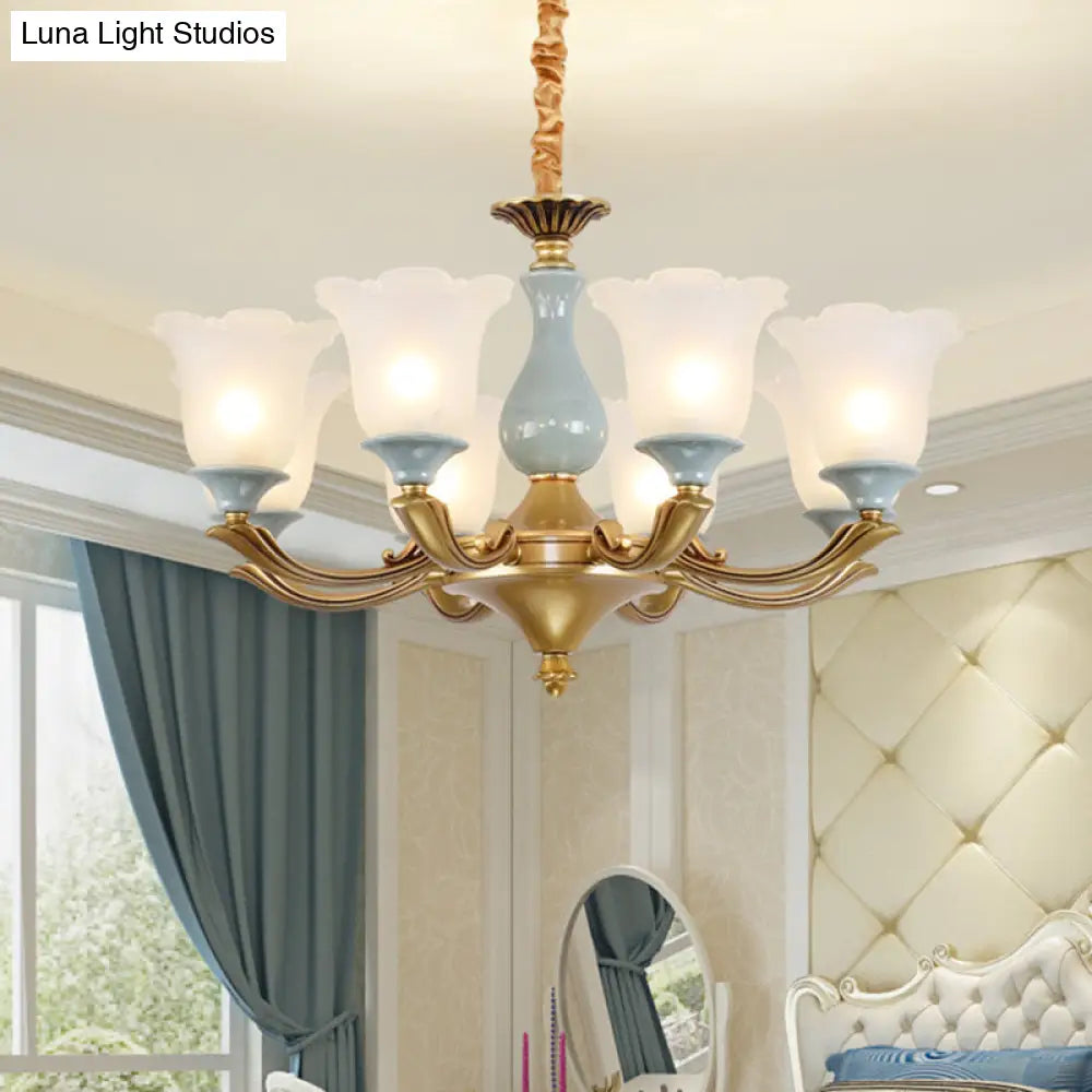 Flared Blue Frosted Glass Chandelier Pendant Light For Living Room With Ruffled Edge