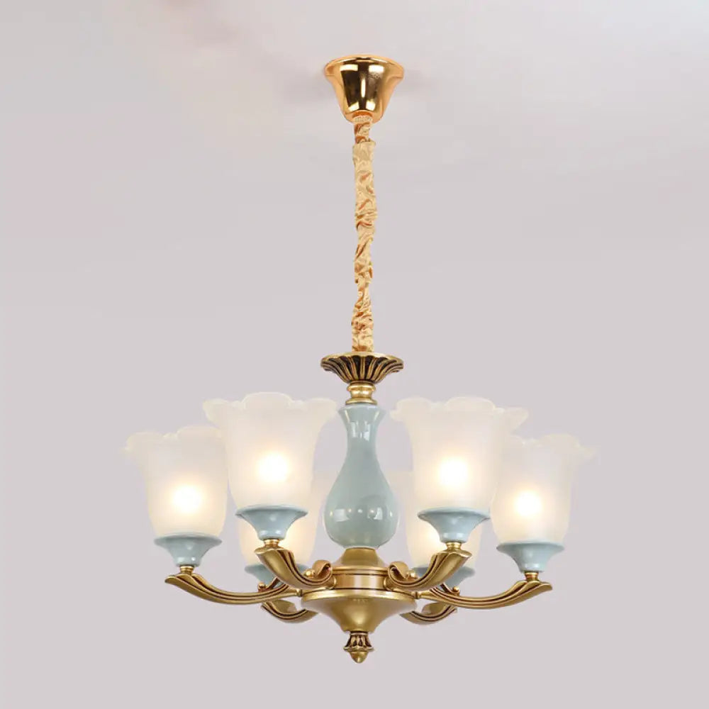 Flared Blue Frosted Glass Chandelier Pendant Light For Living Room With Ruffled Edge 6 /