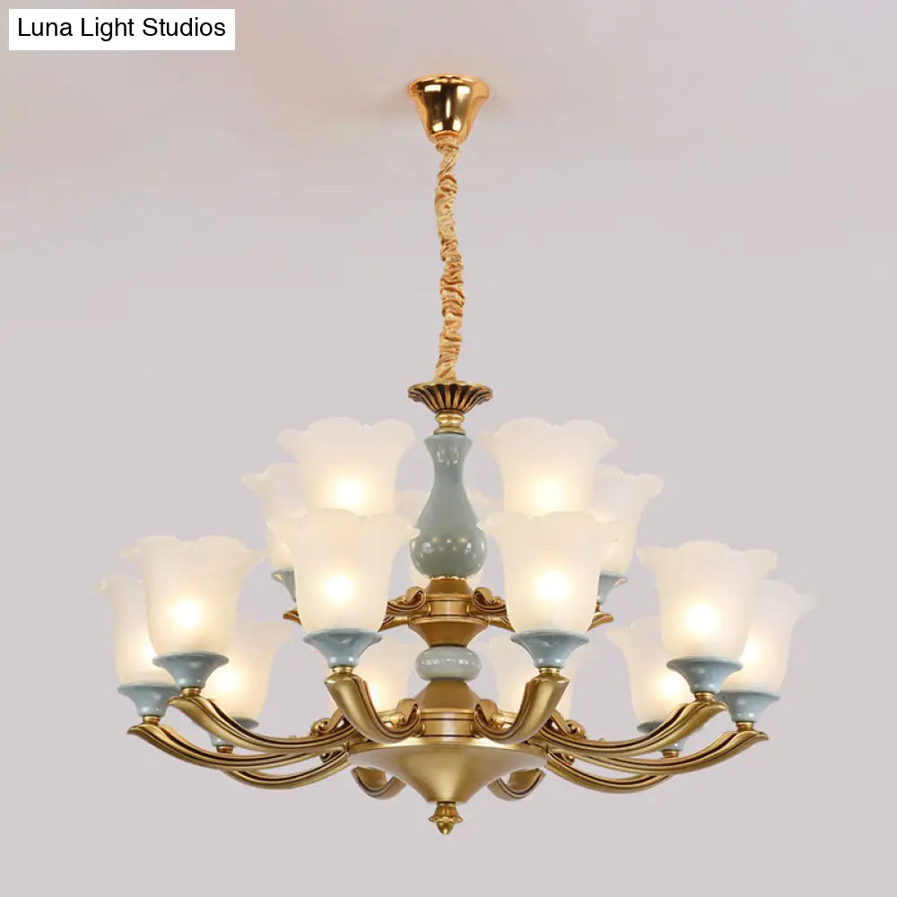 Flared Blue Frosted Glass Chandelier Pendant Light For Living Room With Ruffled Edge