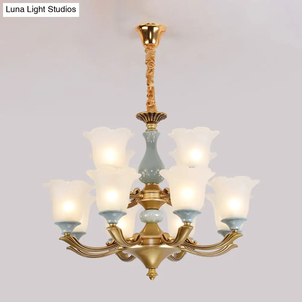 Flared Blue Frosted Glass Chandelier Pendant Light For Living Room With Ruffled Edge