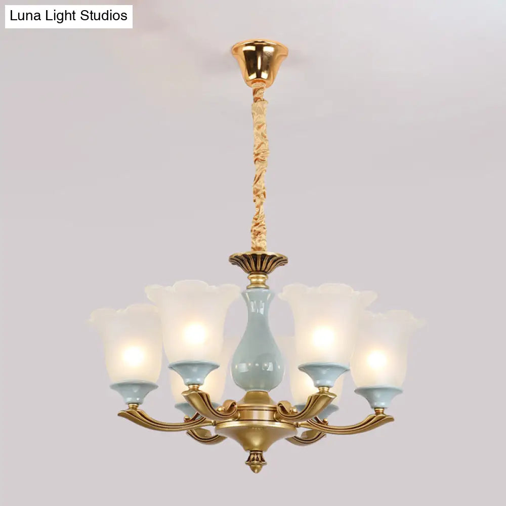 Flared Blue Frosted Glass Chandelier Pendant Light For Living Room With Ruffled Edge